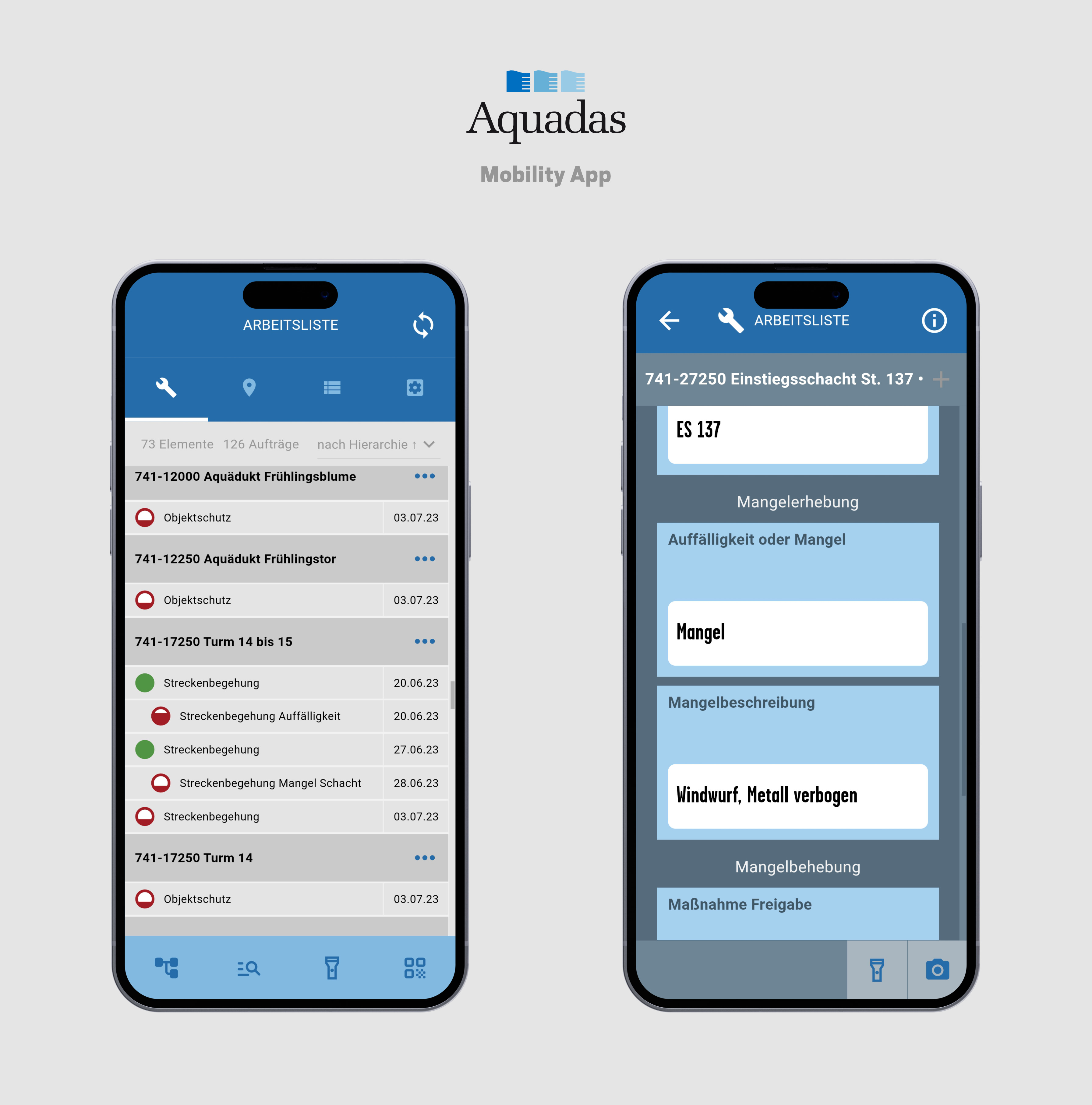 2 smartphone mock-ups displaying screenshots of app. Logo above mock-ups.