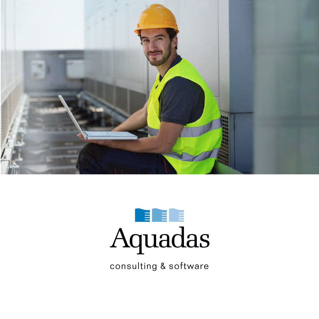 Cover of folder. Photo of worker with laptop. Logo underneath.