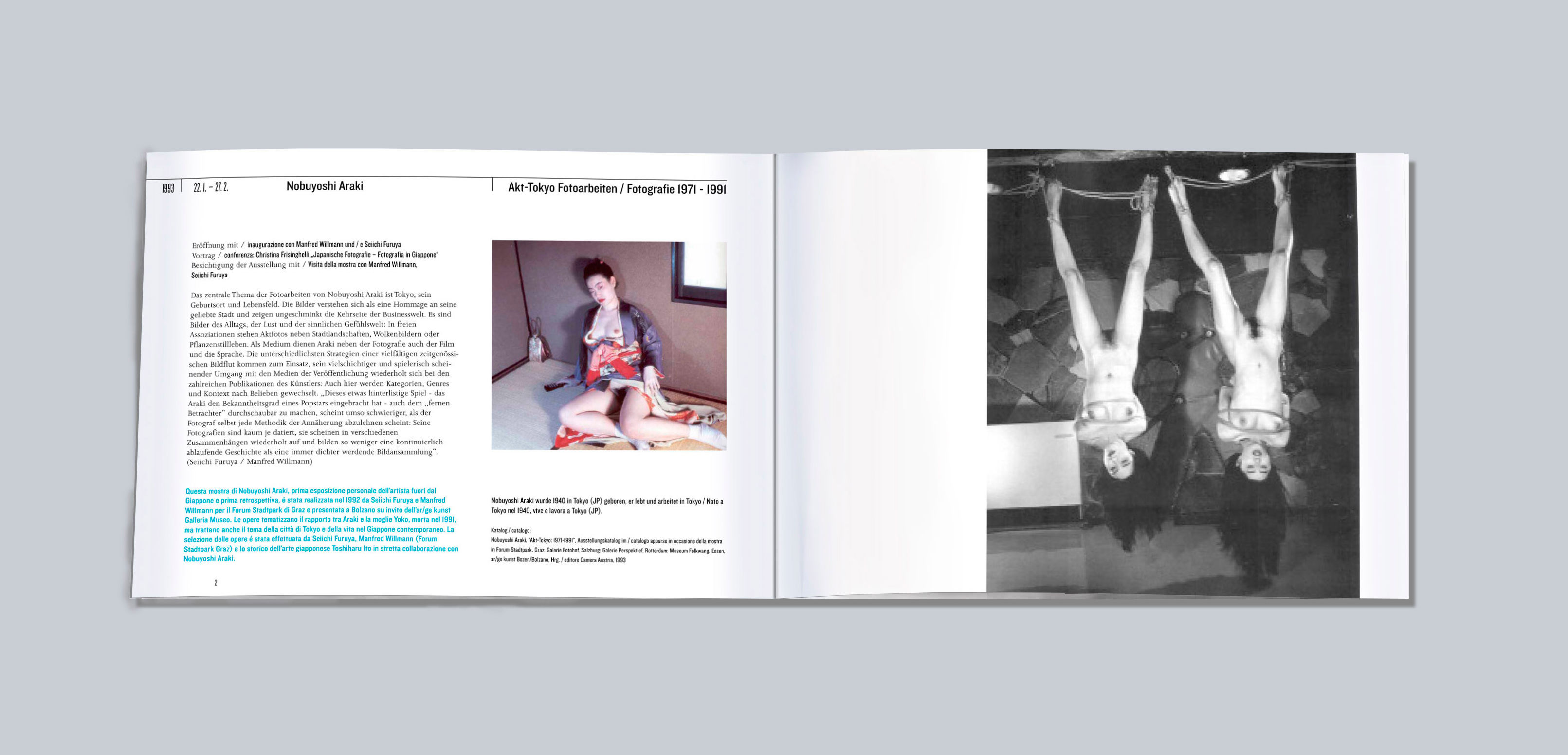 Opened catalogue. Double page with images and text.