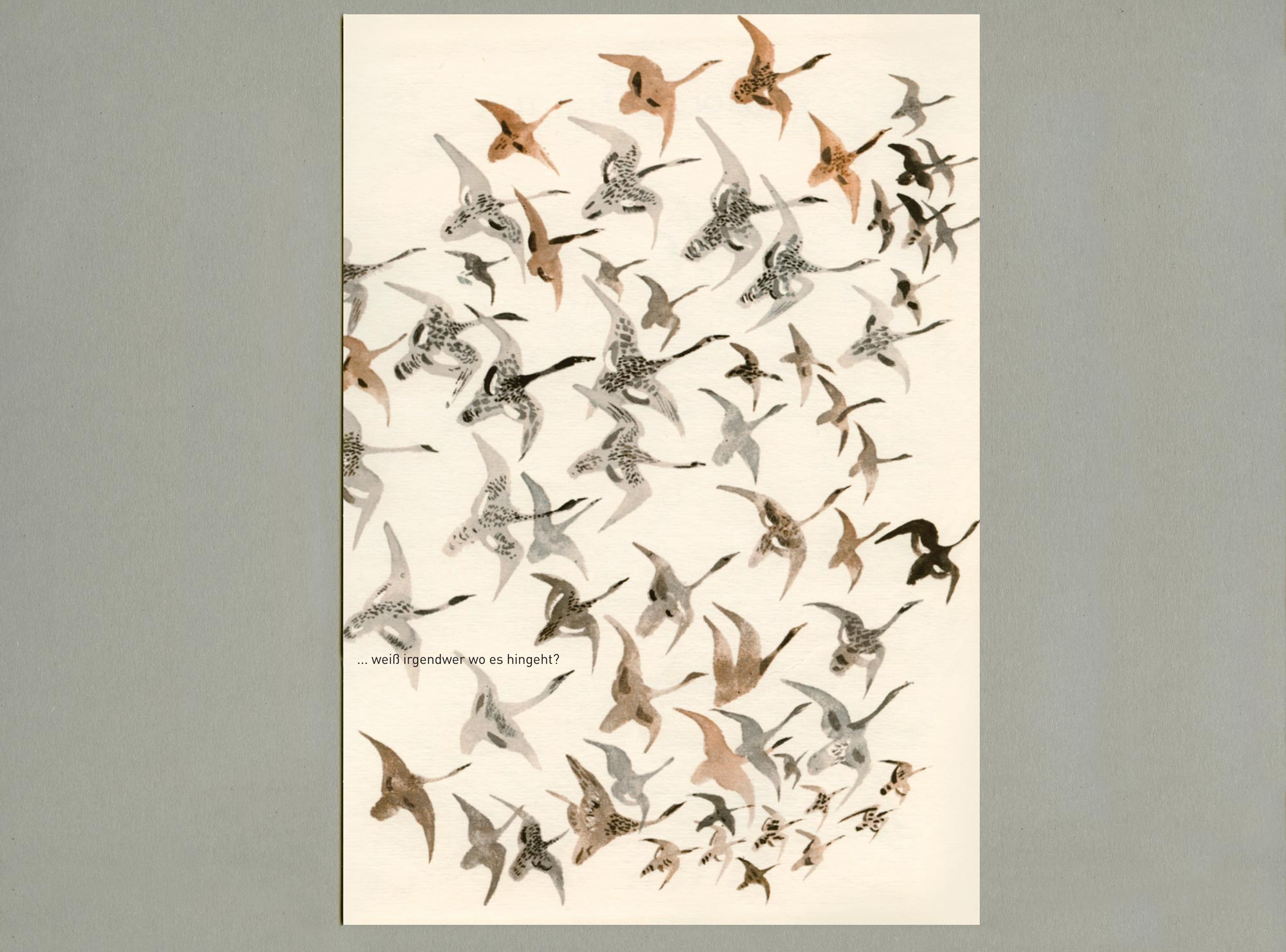 Greeting card. Illustration of a swarm of various birds with small text inbetween.