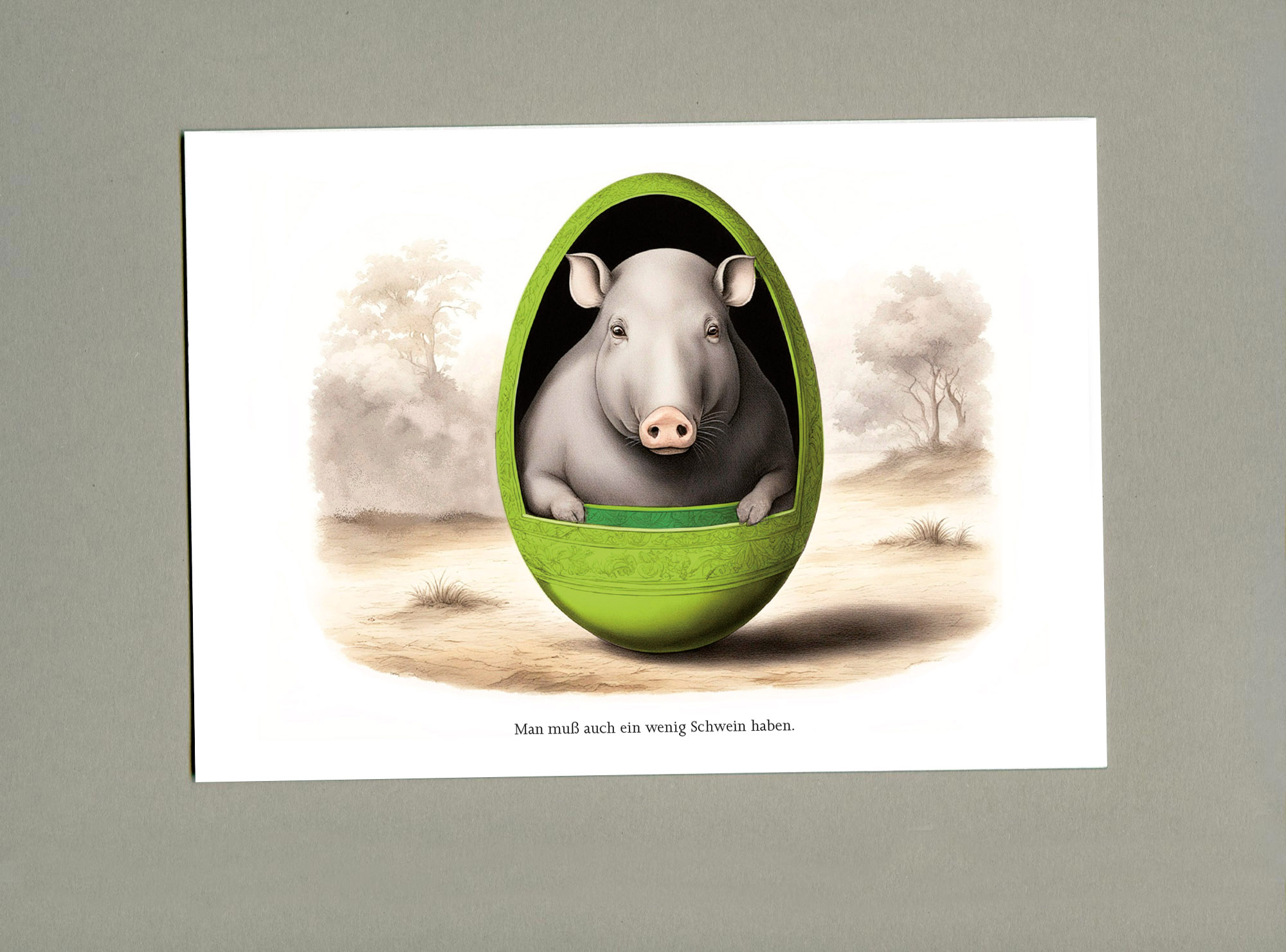 Greeting card. Illustration of pig looking out of an egg-formed house. A sentence underneath.