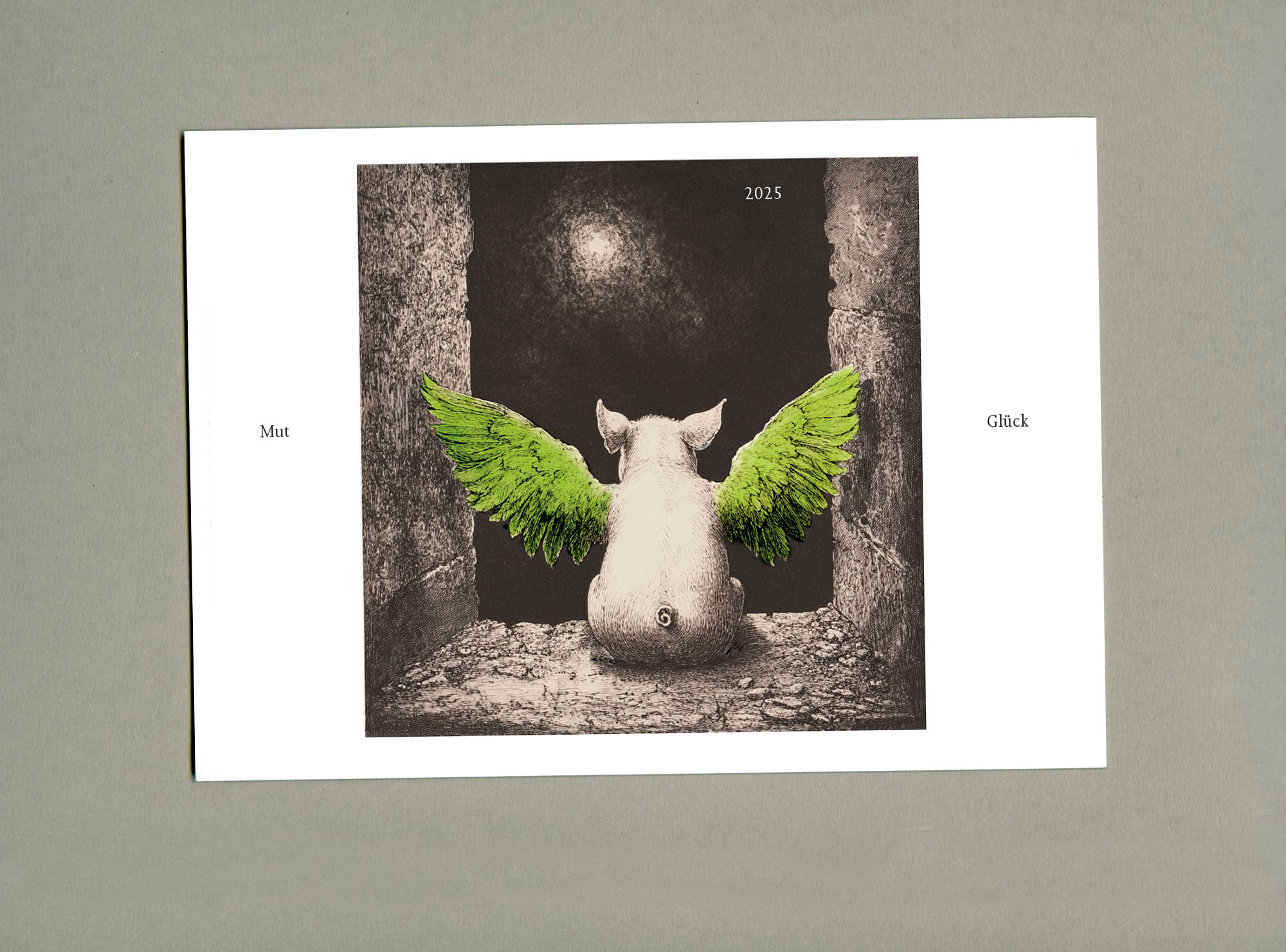 Greeting card. Illustration of pig with wings sitting on a stone wall looking into the far. A word to the left and right.