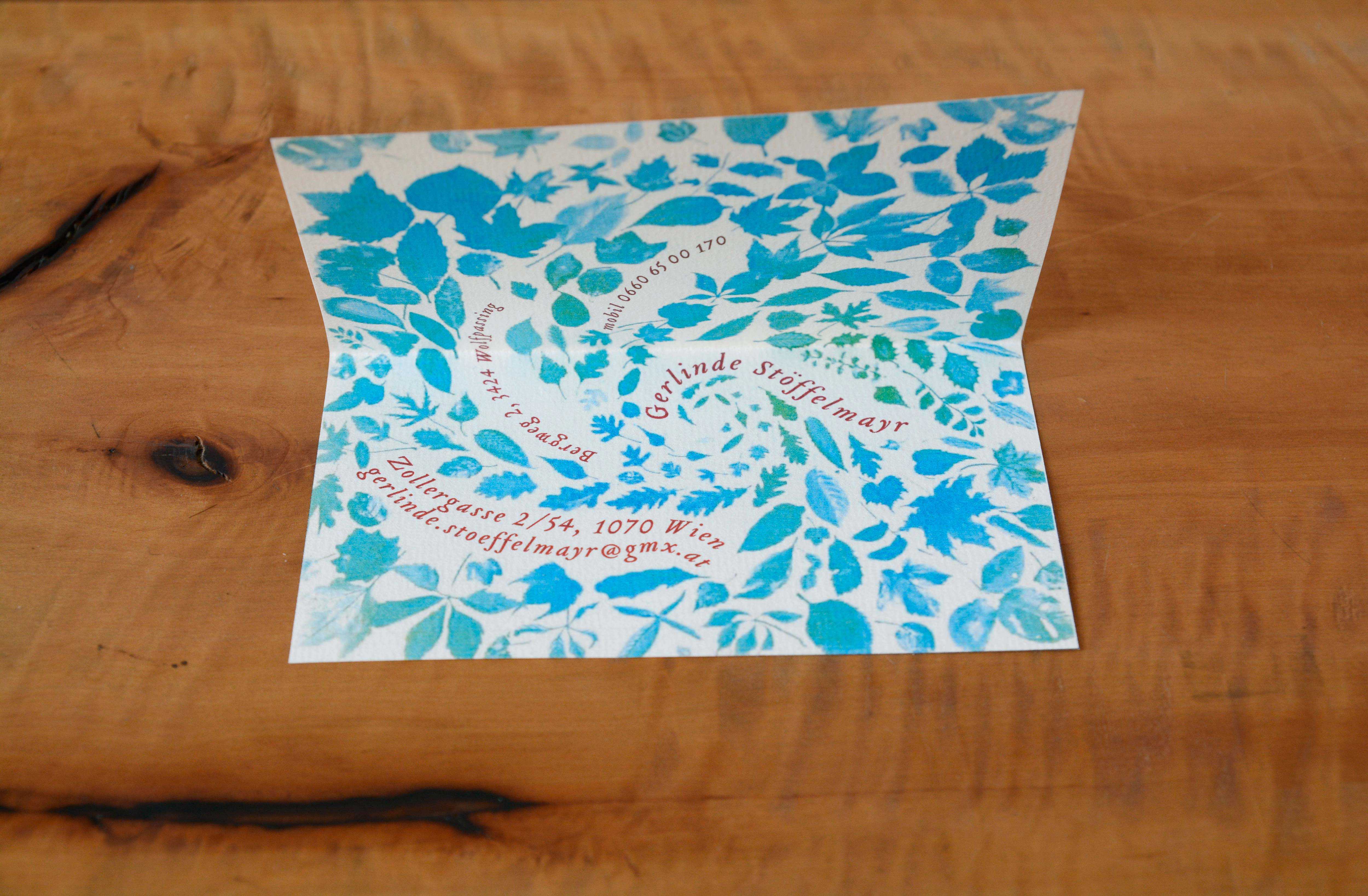 Business card classical musician. Folded card with illustrations of leaves. Text inbetween leaves.