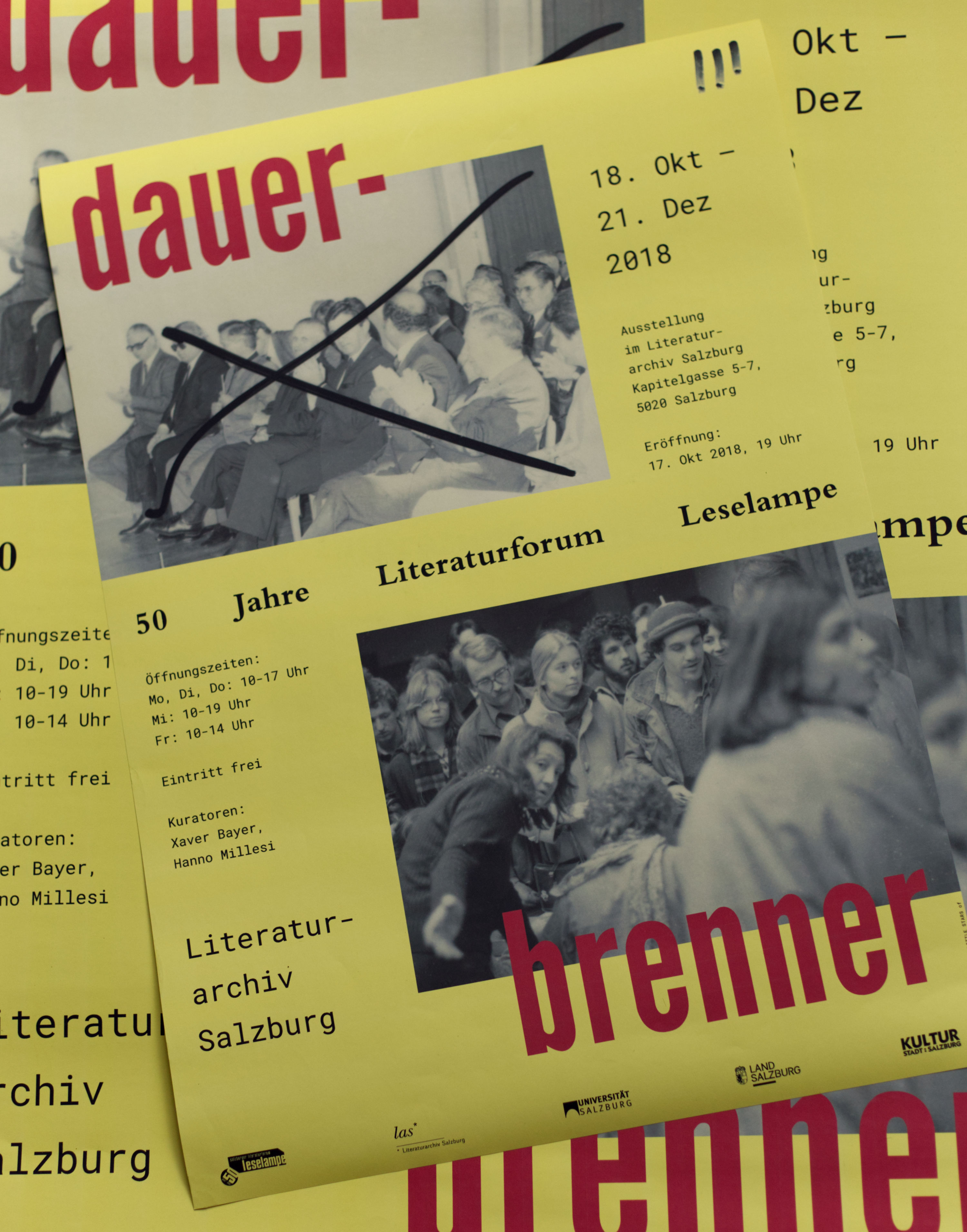 Exhibition poster. Two archive photos with partly overlayered title. One photo is crossed out. Information besides the photos.