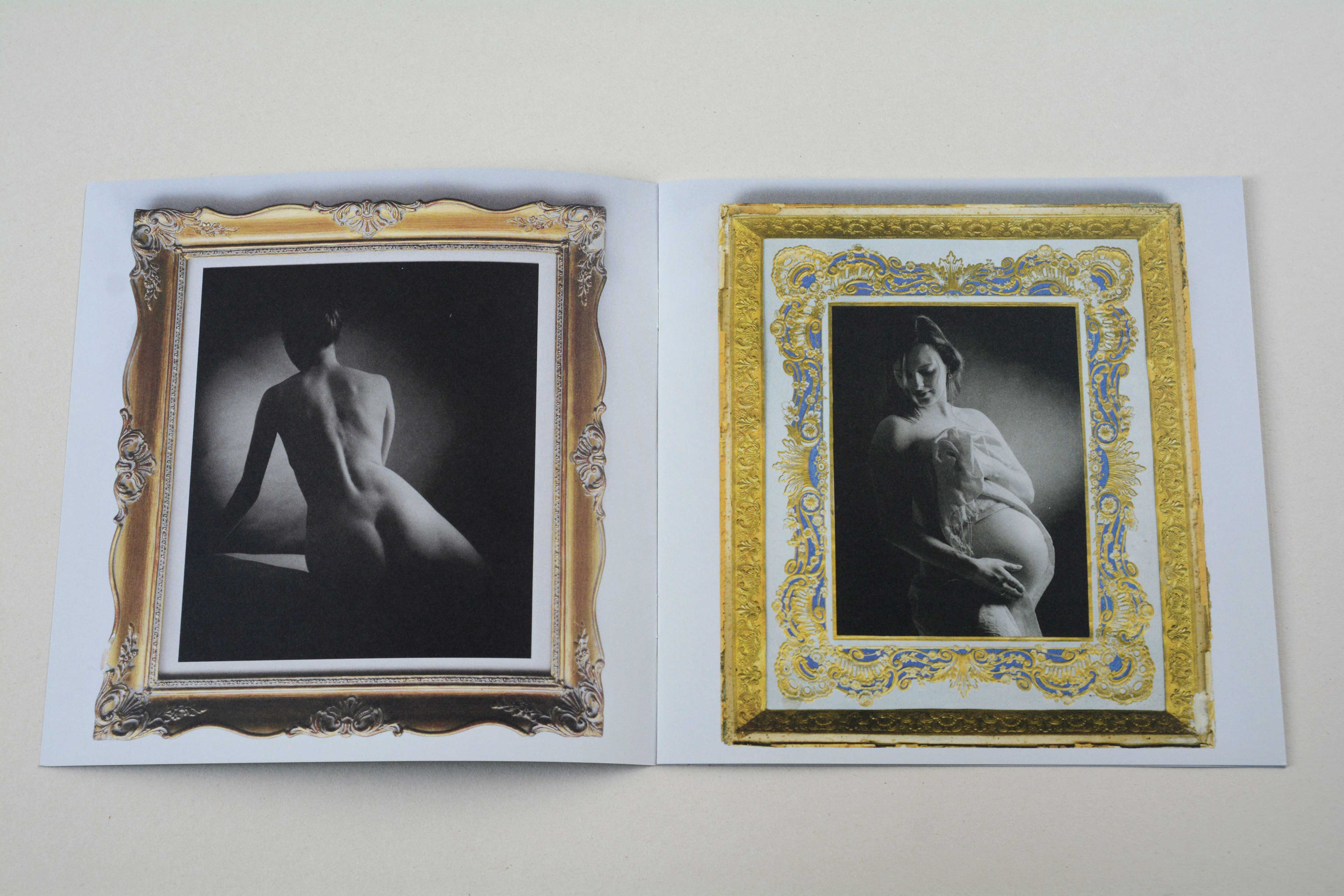 Double page brochure. Opulent golden frame with b/w photo on each page.