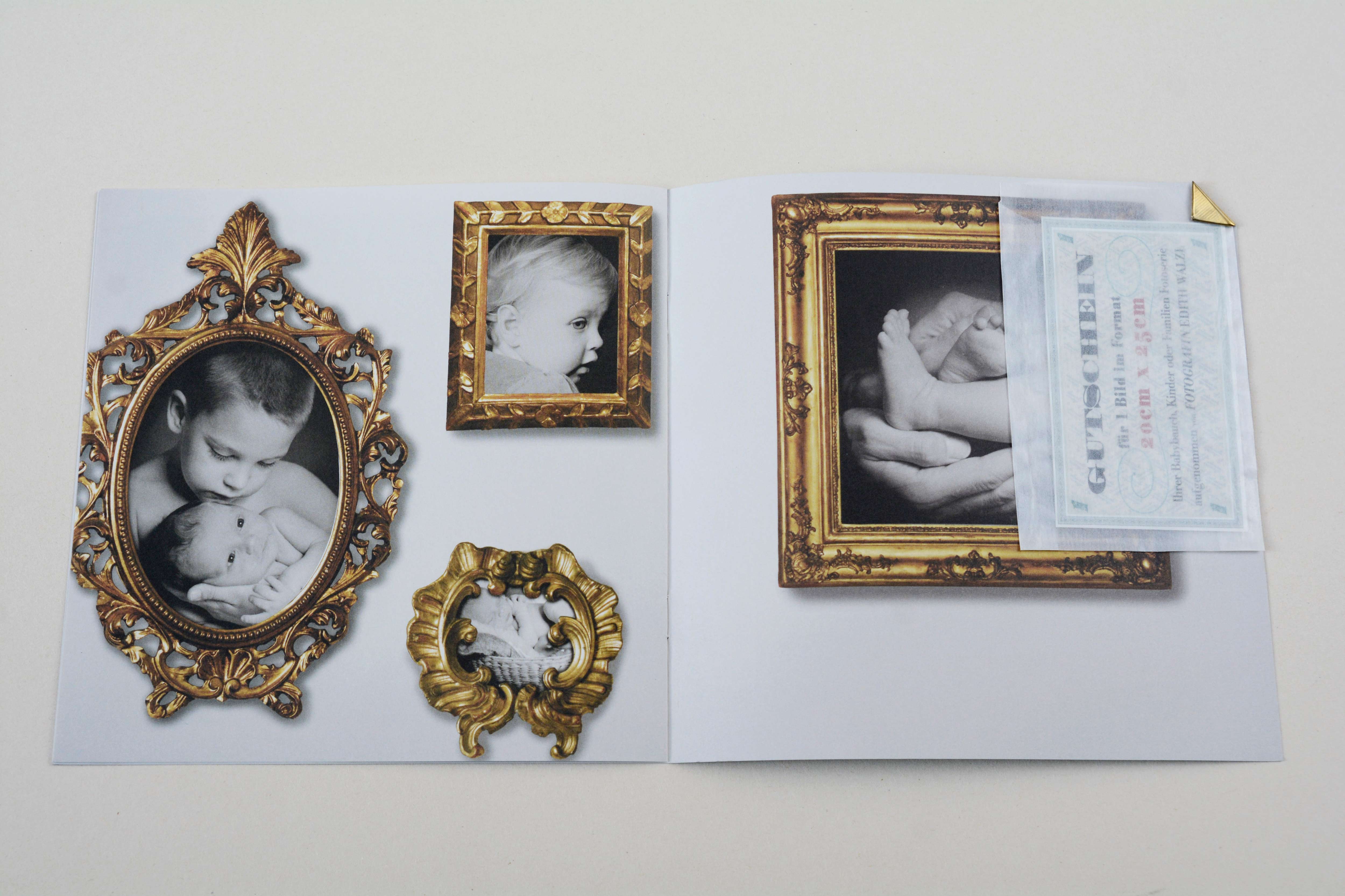 Double page brochure. Several opulent golden frames with b/w portraits. A voucher is clipped on top of the right page.