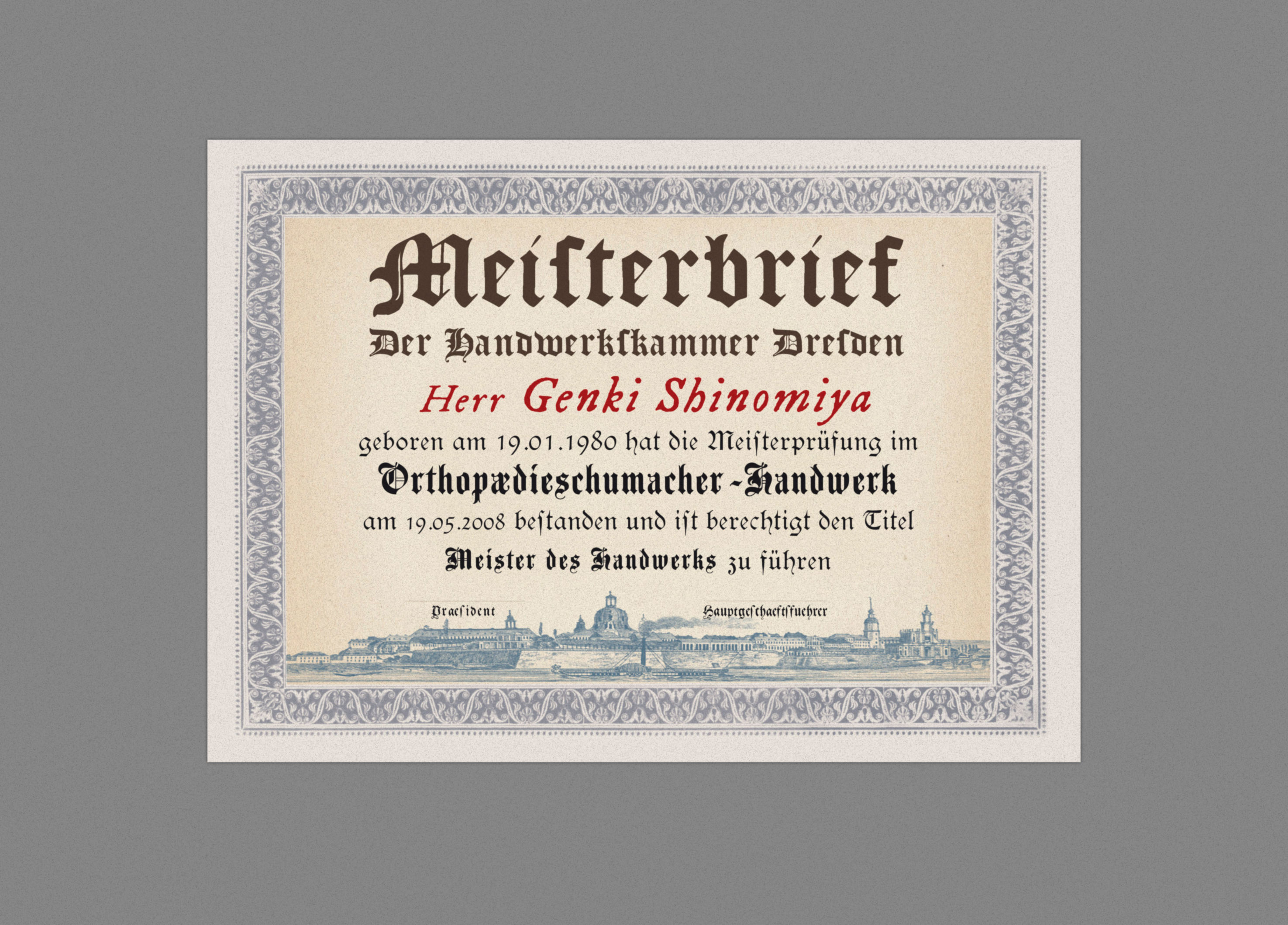 Text in german type. Framed by decorative grapical elements. Copper engraving-like illustration of an city skyline underneath text.