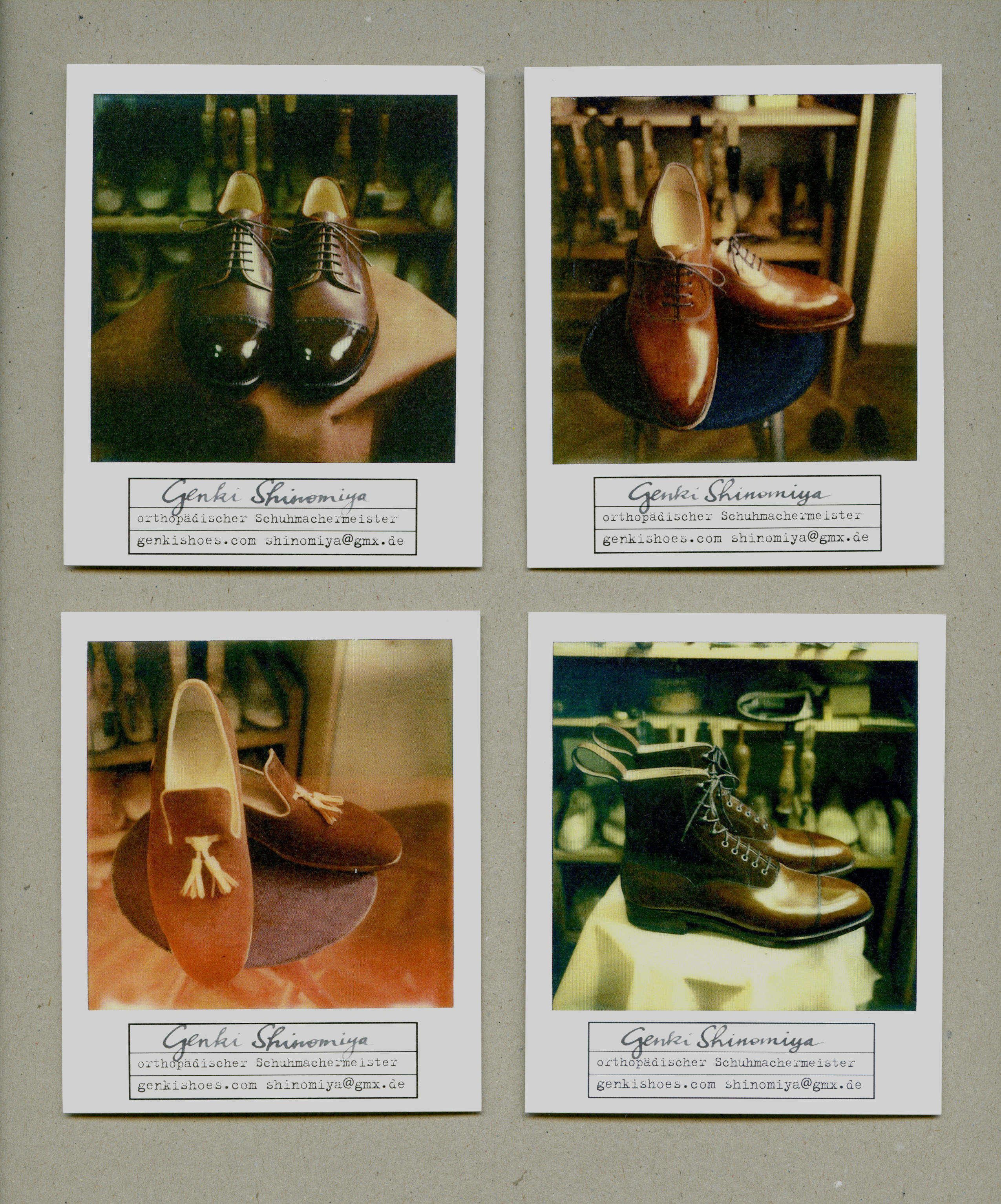 4 Polaroids of bespoke shoes. White area on polaroid contains frame with name, email and webadress.