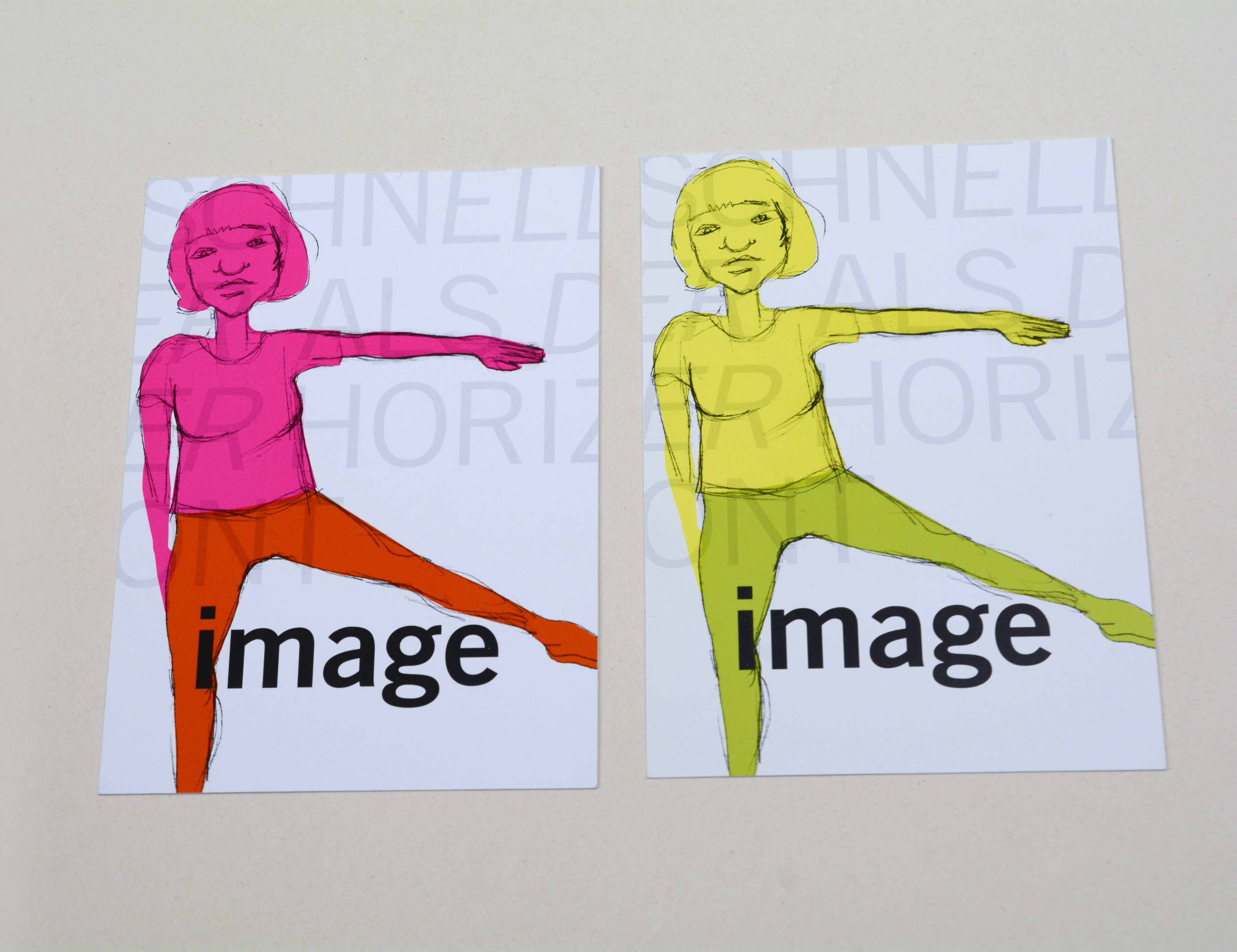2 Flyers in different colorways. Sketched woman filled with 2 colours. Large title overlayed. Words in large Font in background.