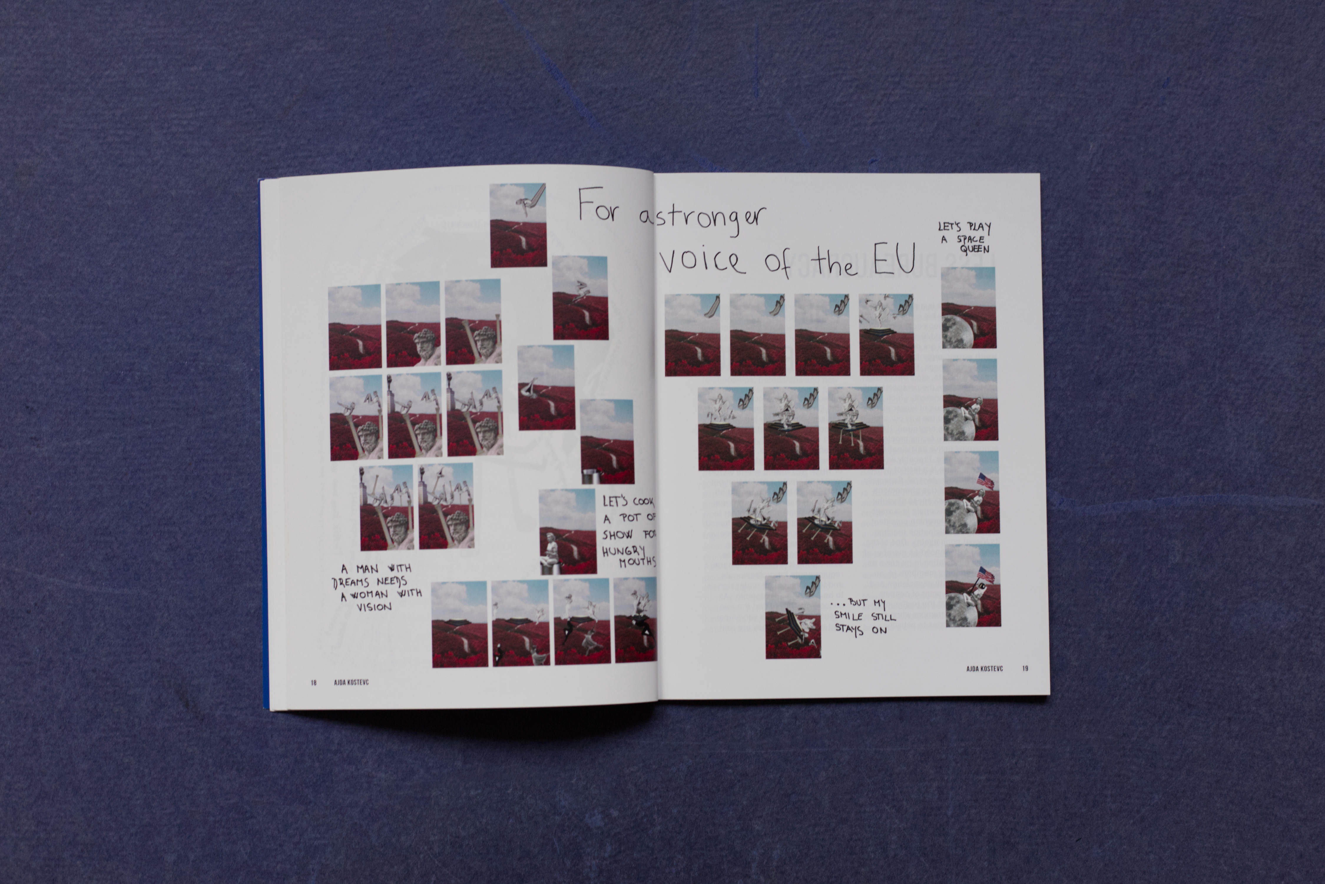 Double page. Loose grid of small photos showing motion sequence. Handwritten text inbetween.