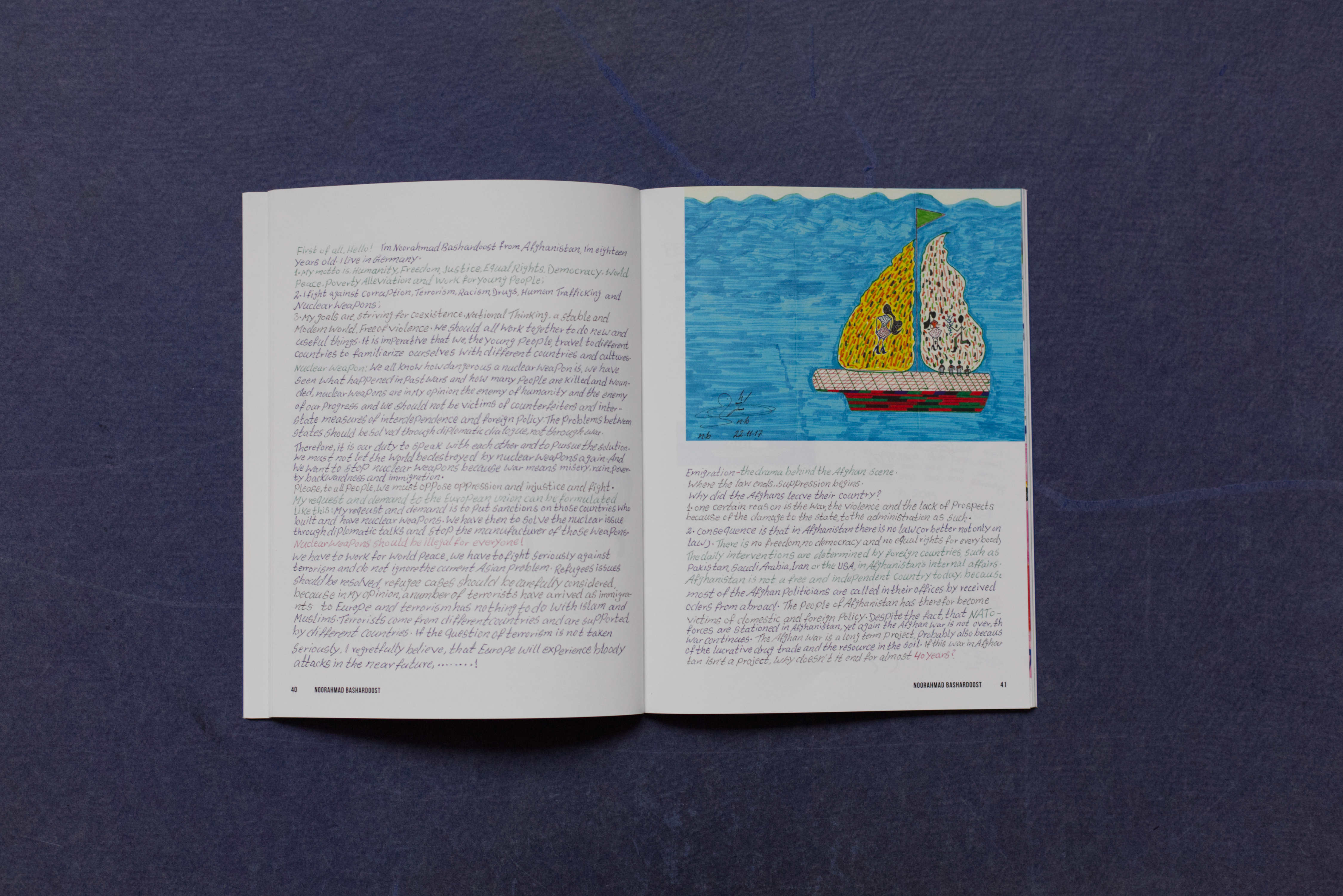 Double page. Left: Handwritten text. Right: Drawing of sailing boat in upper half. Below handwritten text.