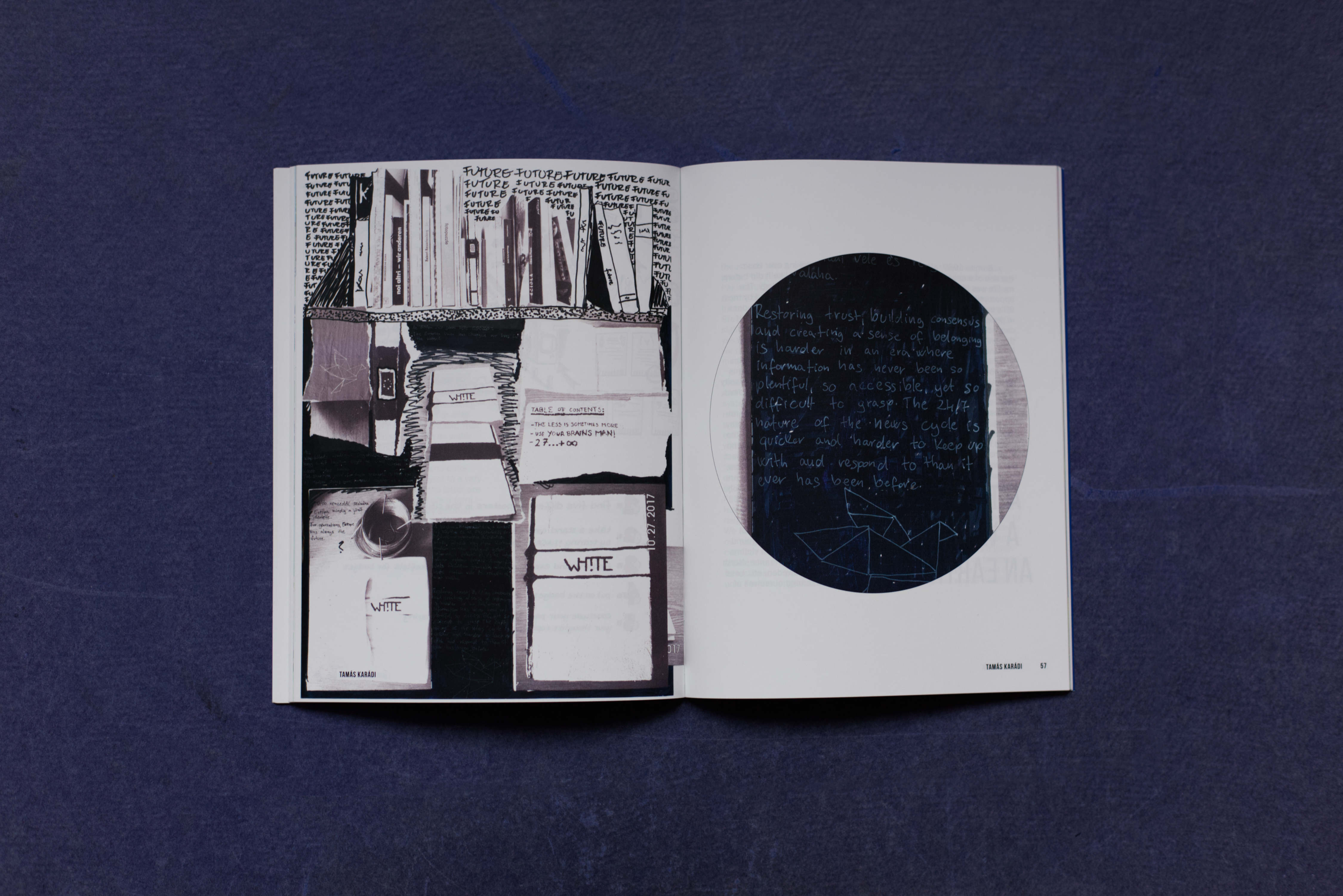 Double page. Left: Handmade collage with photos of books. Partly overdrawn and the word future written all over. Right: Cropped detail of left page.