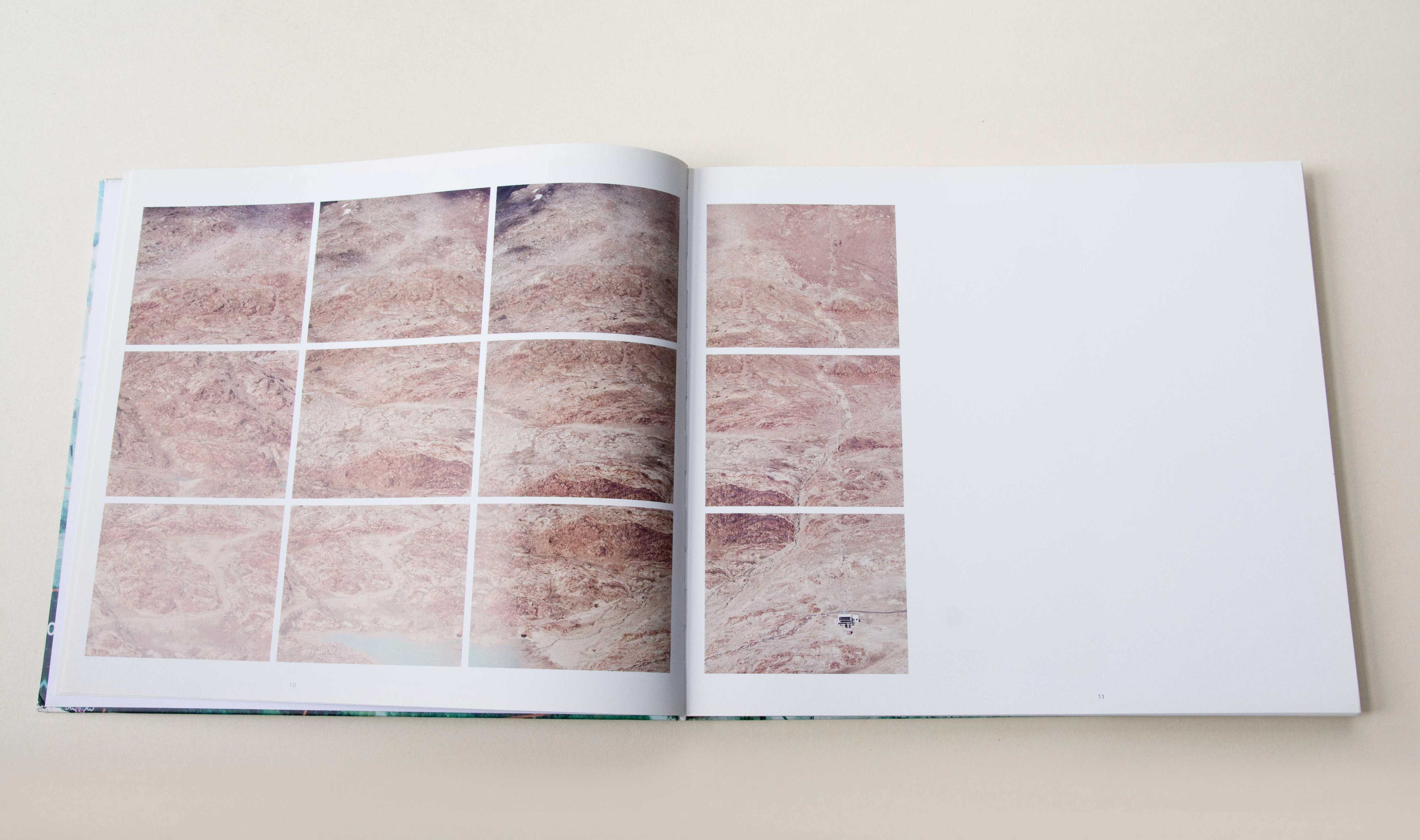Double page. Grid of same sized photos over 2 pages. Far distance shots. Rock surfaces of mountains.