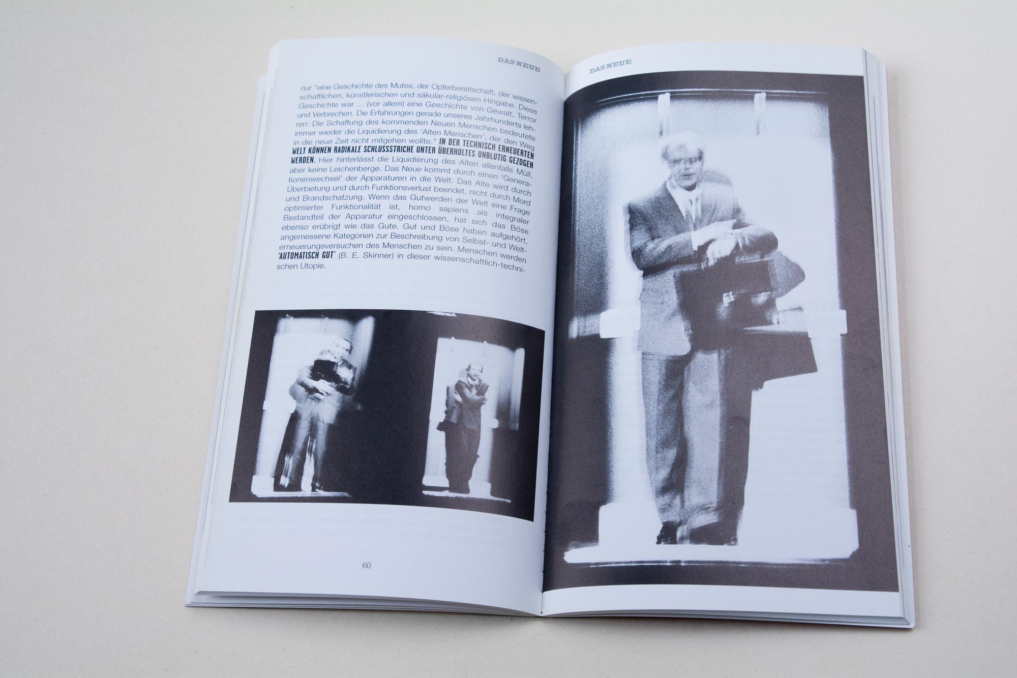 Double Page. Left: Block of text. B/W photo underneath. Right: Full-page B/W photo.