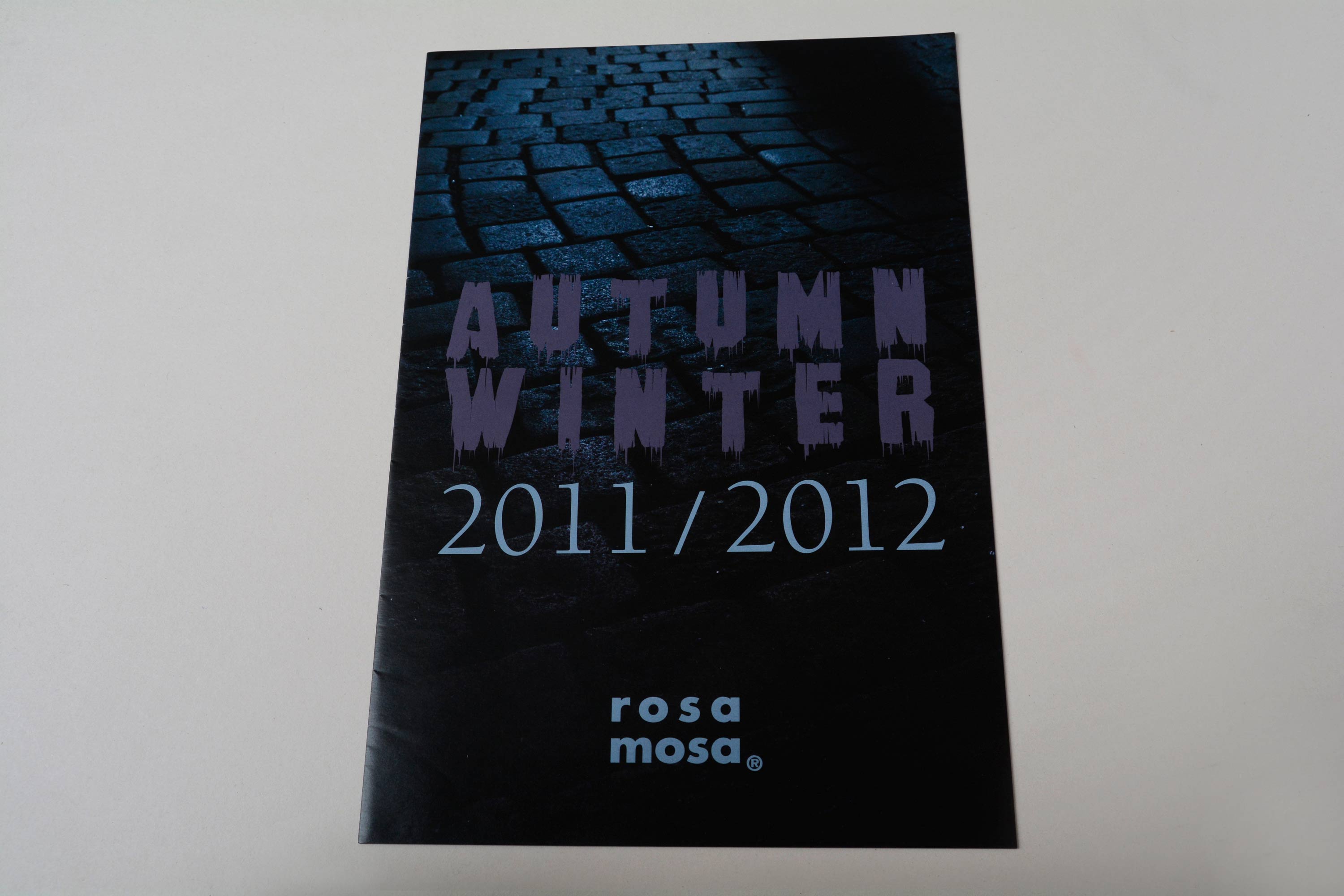Lookbook cover front. Full-page night shot of coblestones in the background overlayed by distressed title font.