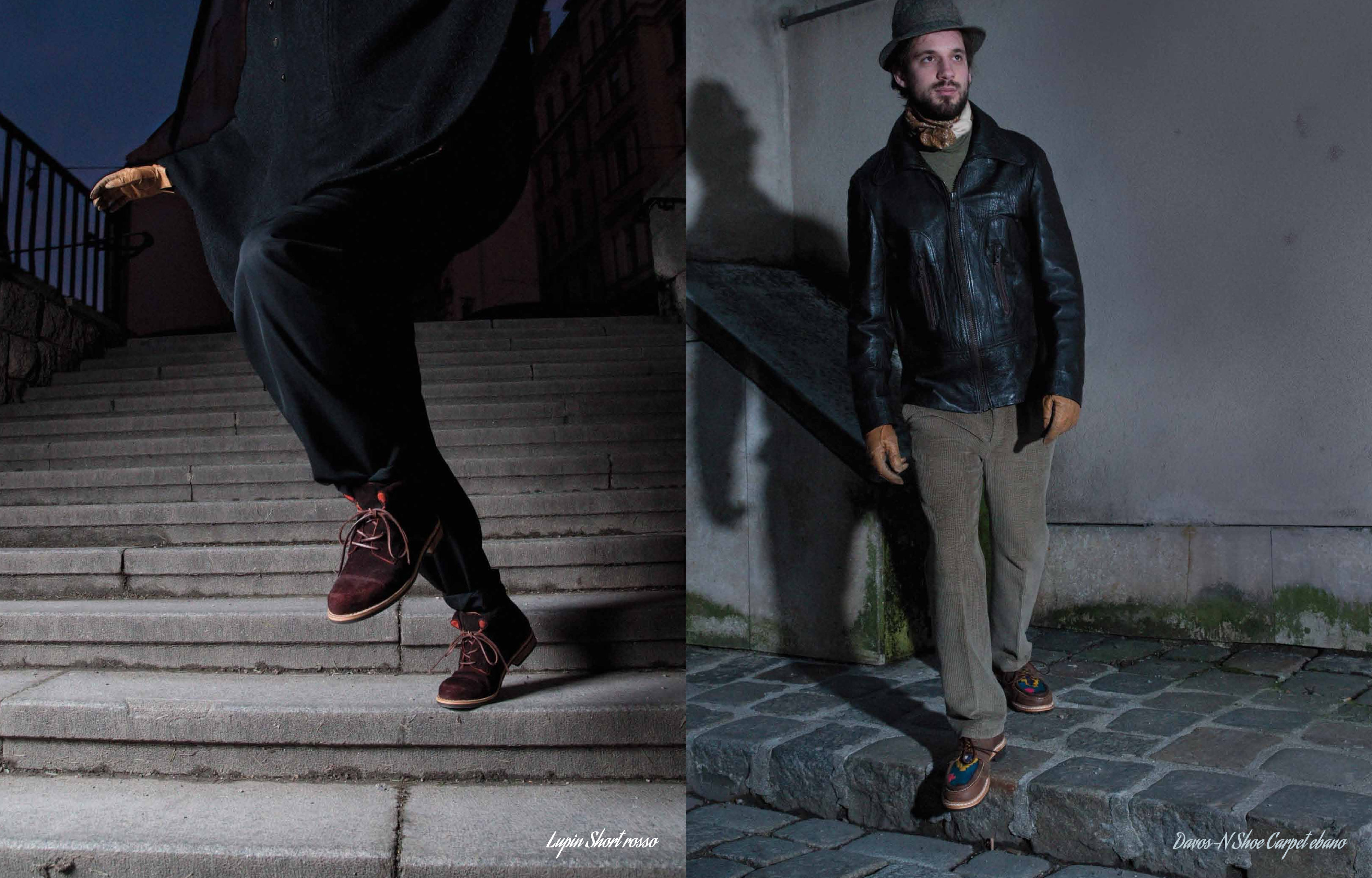 Double page. Left page: Man jumping down stone steps. Right page: Man standing on coblestone pavement in front old wall.