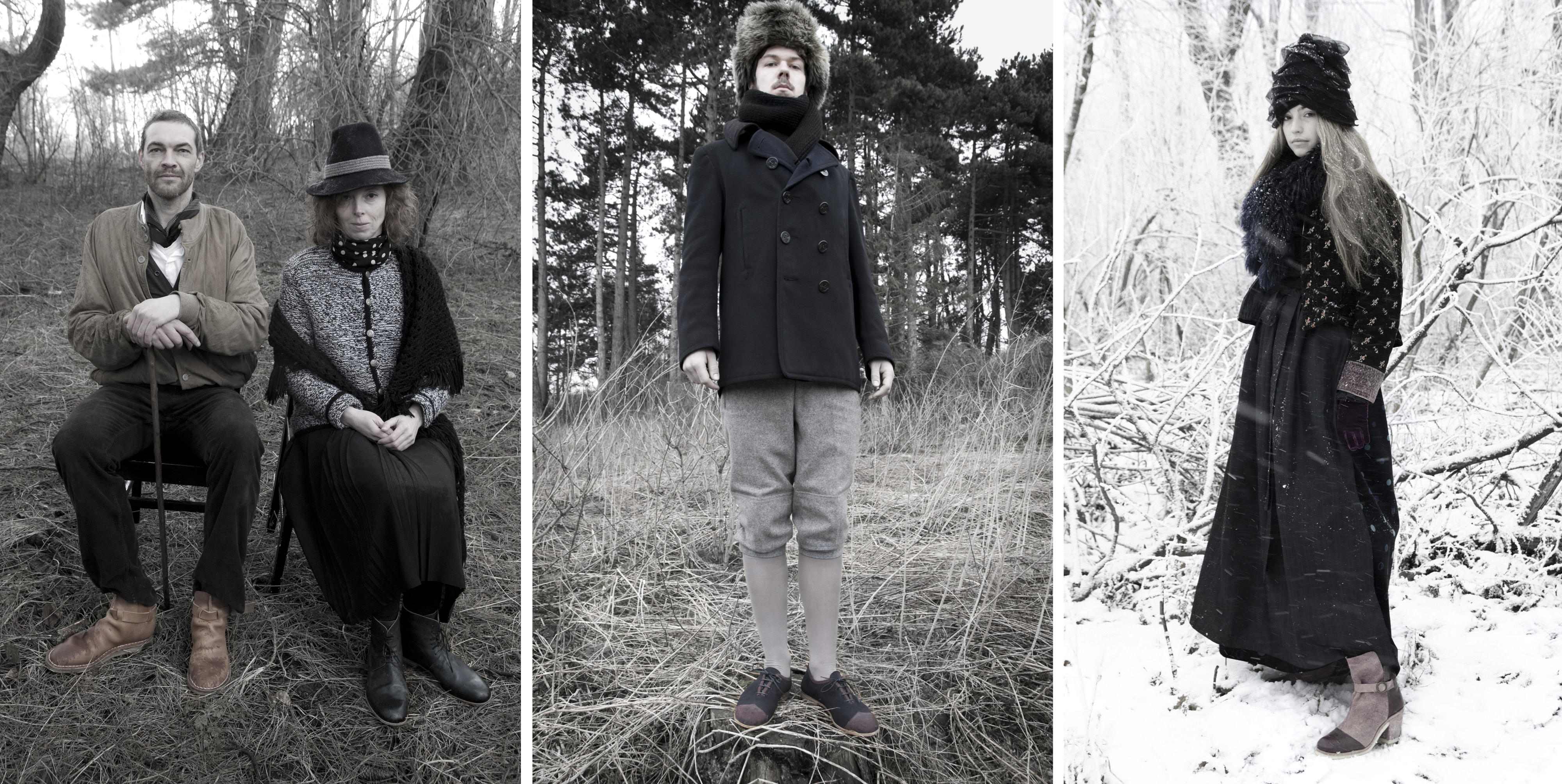 Photos in faded out colours show person or persons nearby a forest.