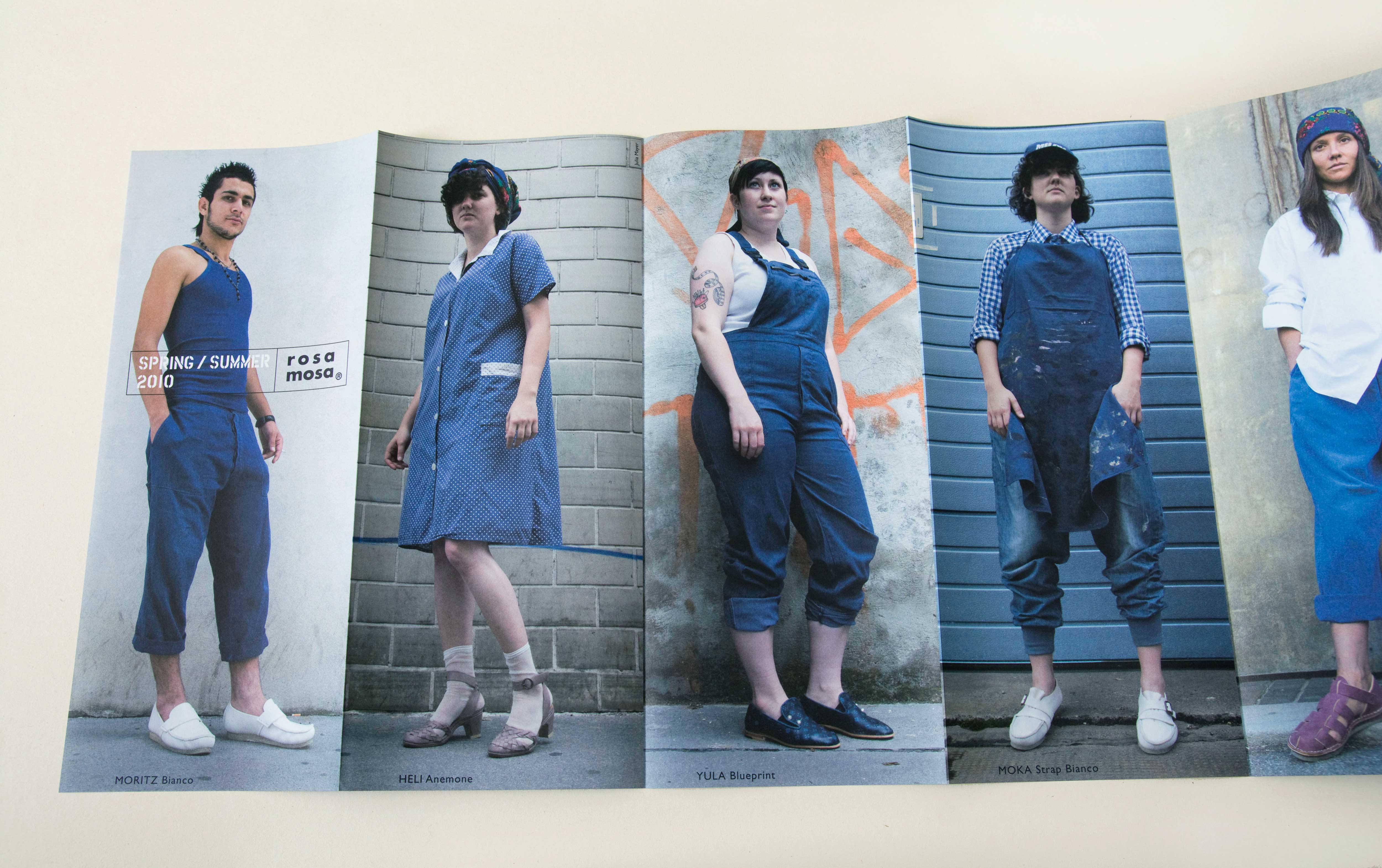 Unfolded lookbook. Front side part 1: Full-page photos side by side. Women and men standing on the street in front of various backgrounds. Brick wall, wall with tags, old shutter or a garage door. Small font overlayed at bottom of each photo.