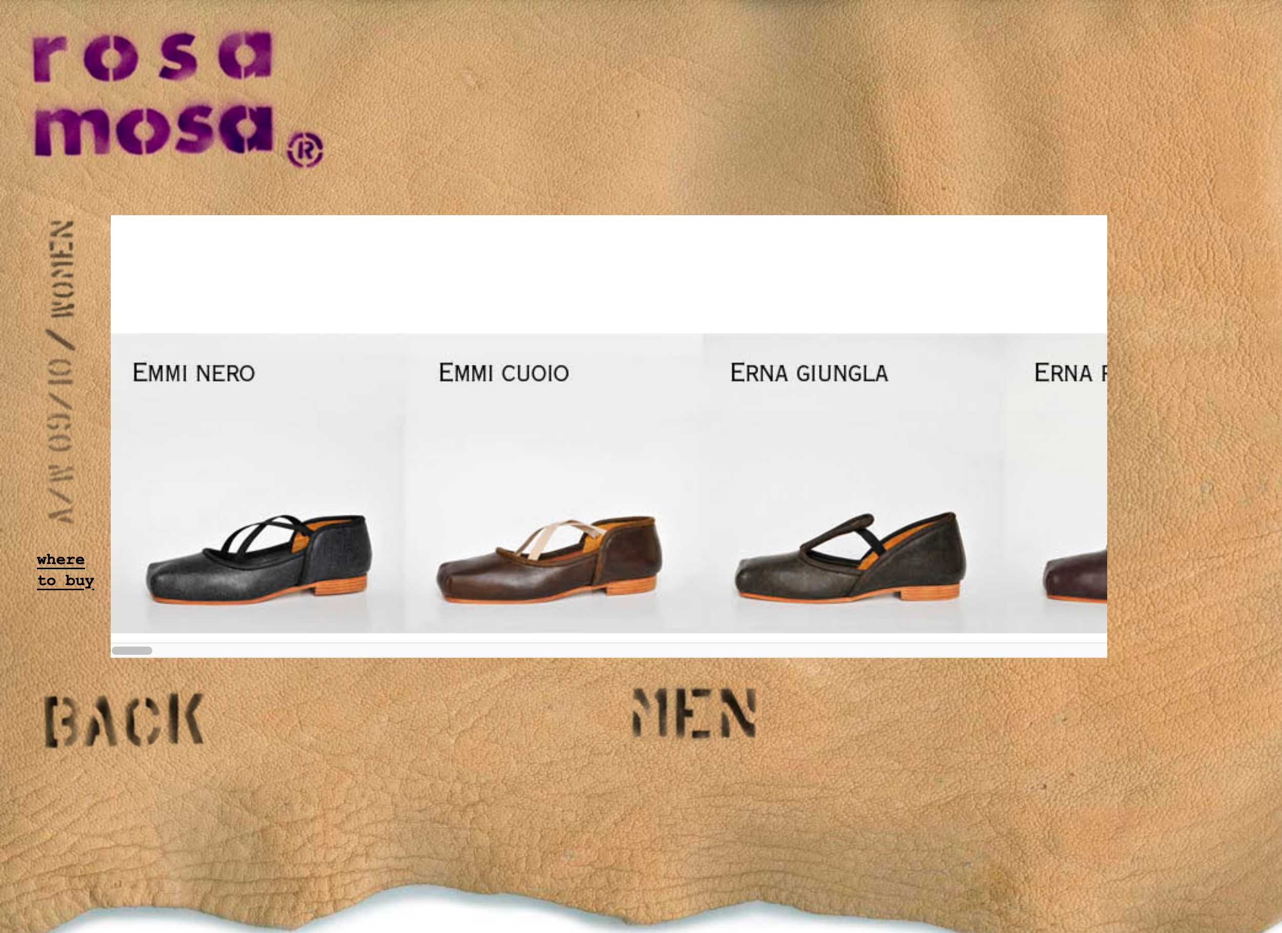 Website screenshot a/w 09/10 collection. Scrollable area displaying several shoe models.