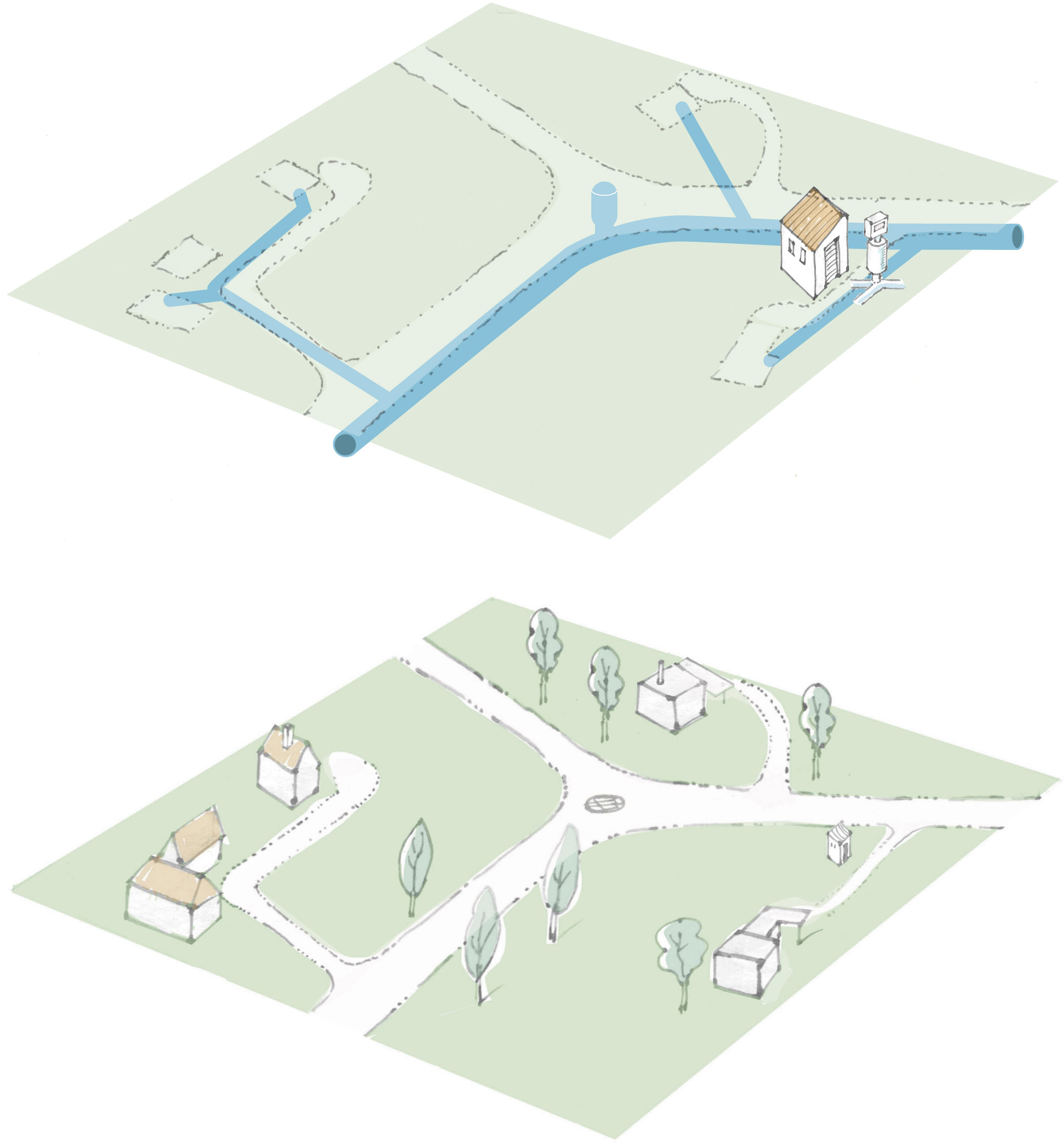 Illustration: Square layer of outdoor terrain with streets and houses. Layer above shows sewer system.
