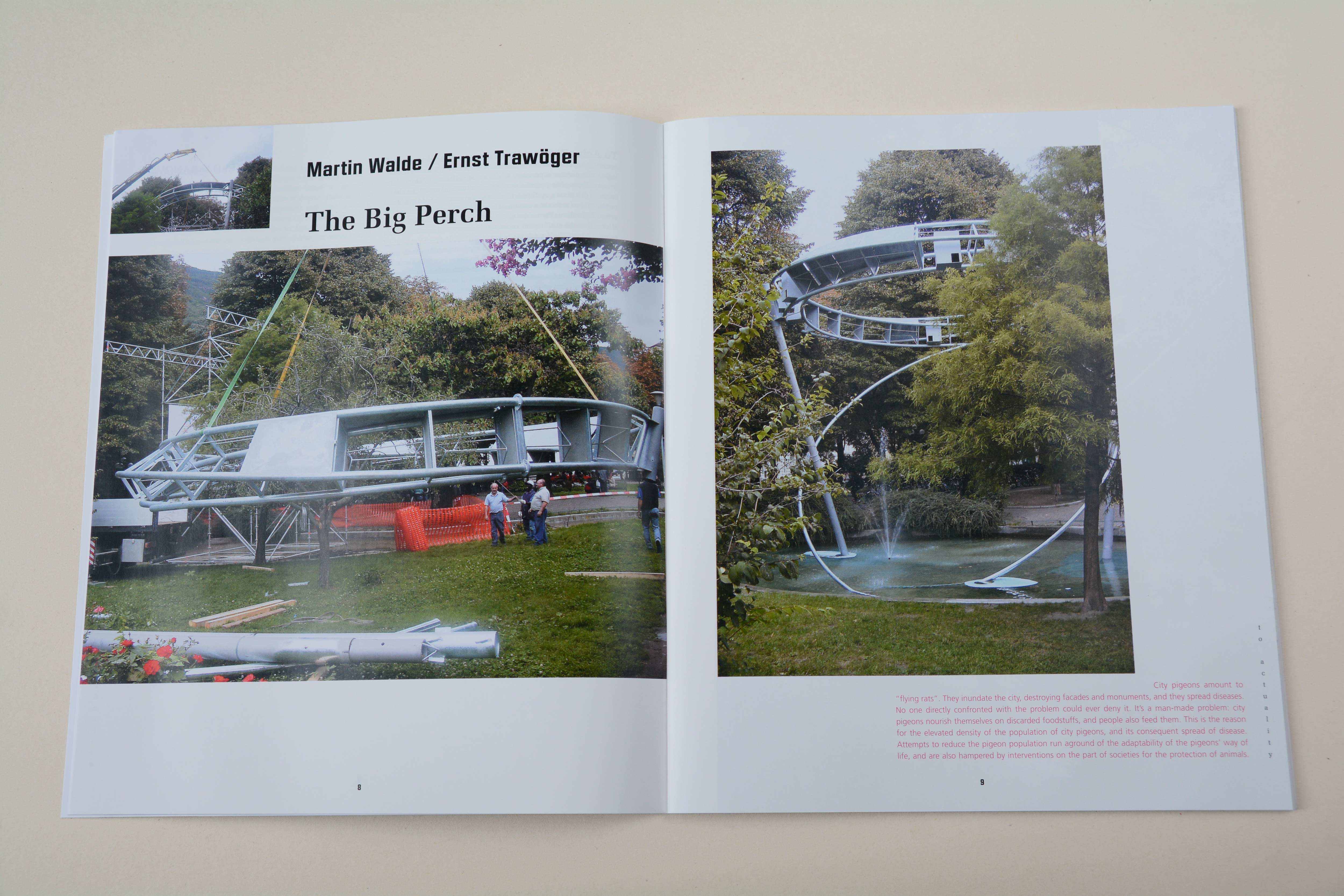 Double page. Large photo on eahc page. Left: Title in between on white space. Right: Block of small text at bottom.