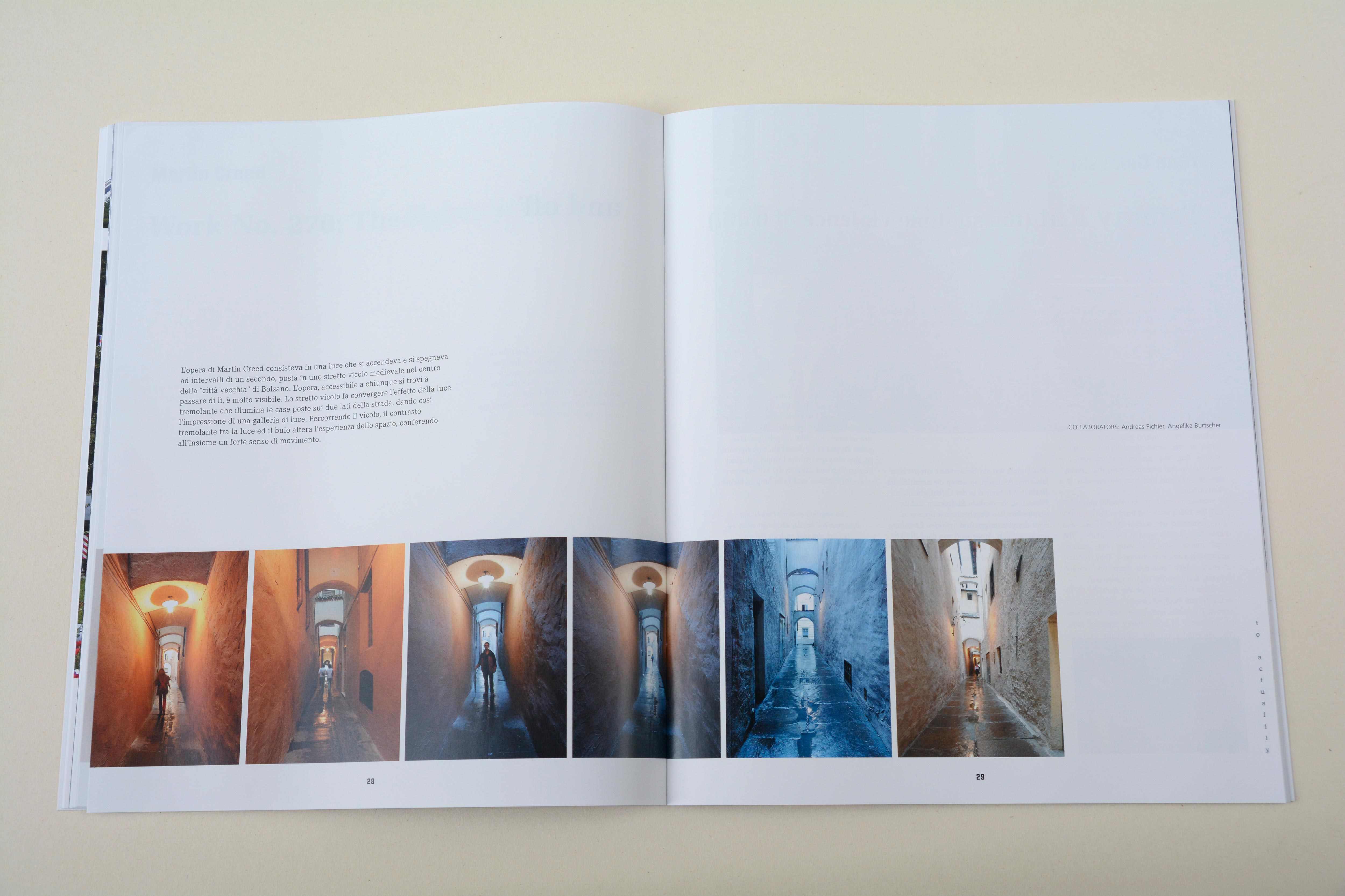 Double page. Row of photos at bottom of page stretches over 2 pages. Blocks of text above.