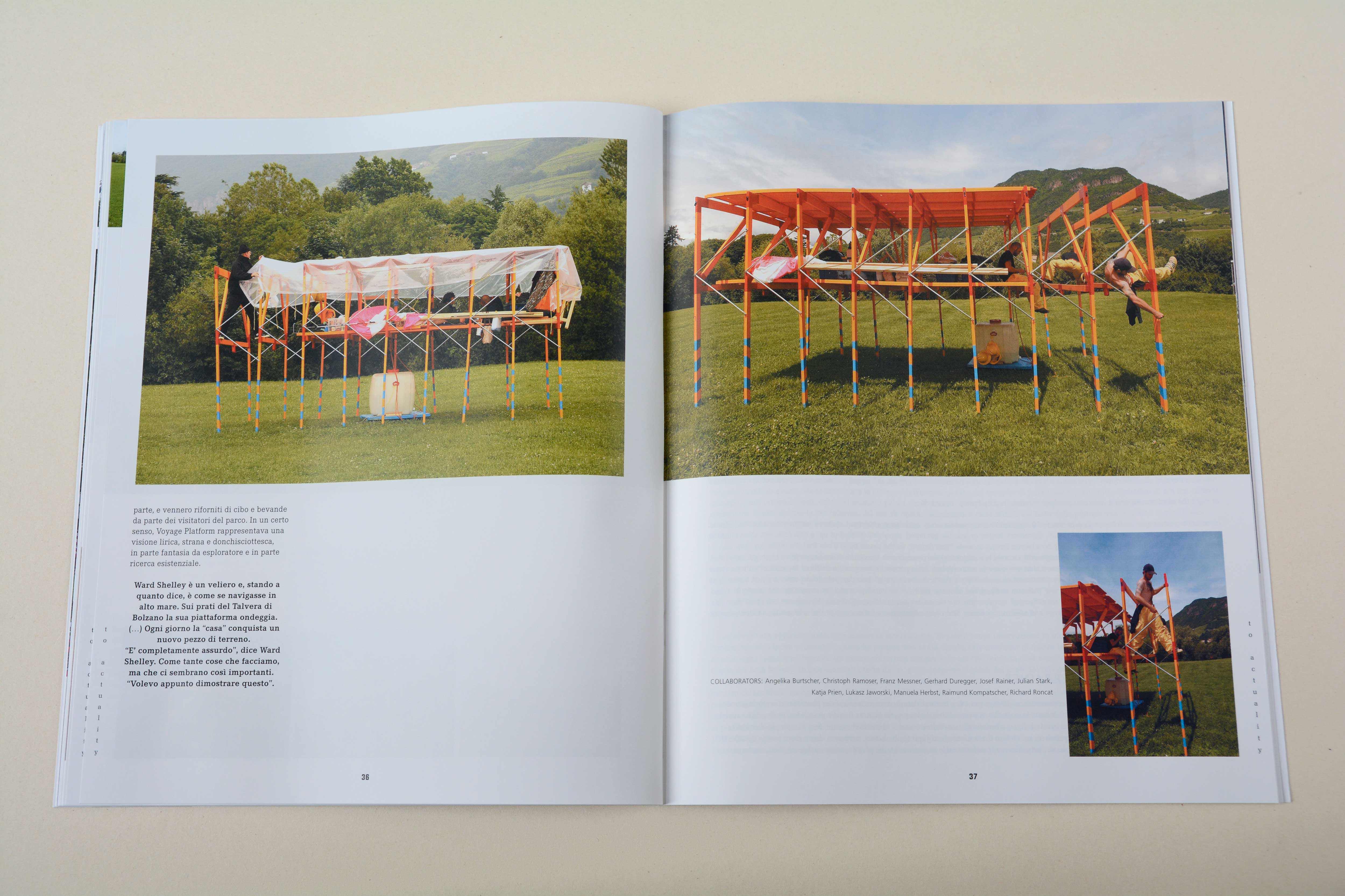 Double page. Left: Large photo and block of text underneath. Right: Large photo and small photo underneath.